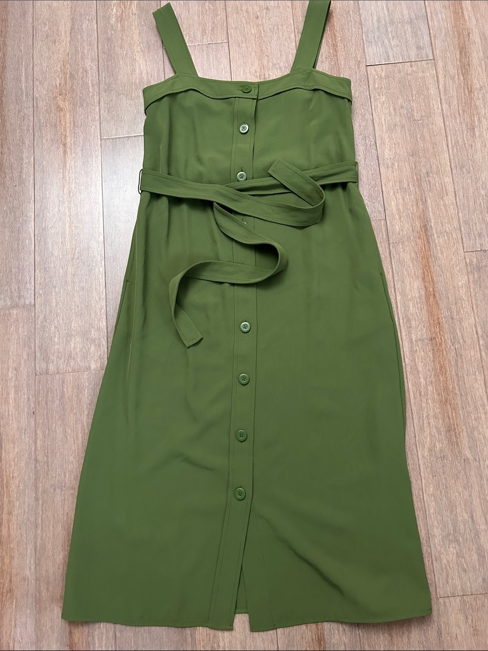 Everlane Olive Green Button-Front Midi dress with Tie Belt size 00
